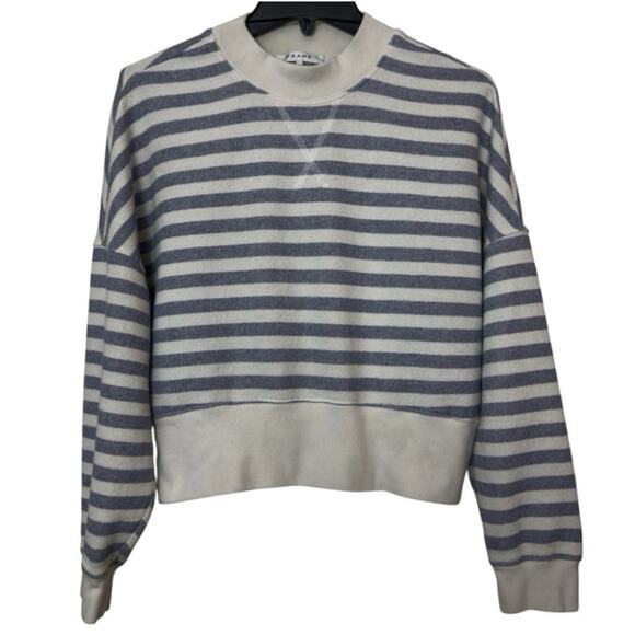FRAME Le Mix Stripe Sweatshirt Women’s Small Blue White Cropped Crew Pullover - Picture 1 of 8